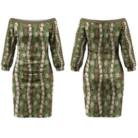 Pikake Maile Tiare Lei Family Matching Off The Shoulder Long Sleeve Dress and Hawaiian Shirt Natural Lauhala Pattern LT01 Mom's Dress Brown - Polynesian Pride