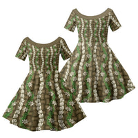Pikake Maile Tiare Lei Family Matching Off The Shoulder Long Sleeve Dress and Hawaiian Shirt Natural Lauhala Pattern LT01 Daughter's Dress Brown - Polynesian Pride