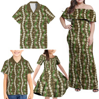 Pikake Maile Tiare Lei Family Matching Off Shoulder Maxi Dress and Hawaiian Shirt Natural Lauhala Pattern