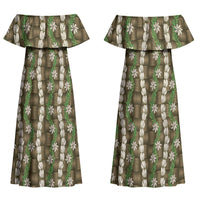 Pikake Maile Tiare Lei Family Matching Off Shoulder Maxi Dress and Hawaiian Shirt Natural Lauhala Pattern LT01 Mom's Dress Brown - Polynesian Pride