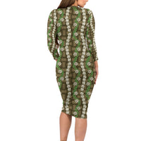 Pikake Maile Tiare Lei Long Sleeve Bodycon Dress Natural Lauhala Pattern LT01 - Polynesian Pride
