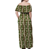 Pikake Maile Tiare Lei Off Shoulder Maxi Dress Natural Lauhala Pattern