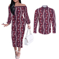 Pikake Maile Tiare Lei Couples Matching Off The Shoulder Long Sleeve Dress and Long Sleeve Button Shirt Akala Lauhala Pattern LT01 Pink - Polynesian Pride