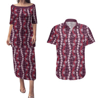 Pikake Maile Tiare Lei Couples Matching Puletasi and Hawaiian Shirt Akala Lauhala Pattern
