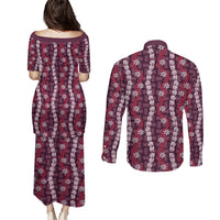 Pikake Maile Tiare Lei Couples Matching Puletasi and Long Sleeve Button Shirt Akala Lauhala Pattern