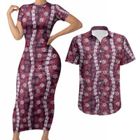Pikake Maile Tiare Lei Couples Matching Short Sleeve Bodycon Dress and Hawaiian Shirt Akala Lauhala Pattern LT01 Pink - Polynesian Pride