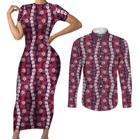 Pikake Maile Tiare Lei Couples Matching Short Sleeve Bodycon Dress and Long Sleeve Button Shirt Akala Lauhala Pattern LT01 Pink - Polynesian Pride