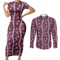 Pikake Maile Tiare Lei Couples Matching Short Sleeve Bodycon Dress and Long Sleeve Button Shirt Akala Lauhala Pattern LT01 Pink - Polynesian Pride