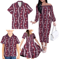 Pikake Maile Tiare Lei Family Matching Off The Shoulder Long Sleeve Dress and Hawaiian Shirt Akala Lauhala Pattern LT01 - Polynesian Pride