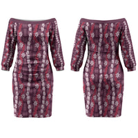Pikake Maile Tiare Lei Family Matching Off The Shoulder Long Sleeve Dress and Hawaiian Shirt Akala Lauhala Pattern LT01 Mom's Dress Pink - Polynesian Pride