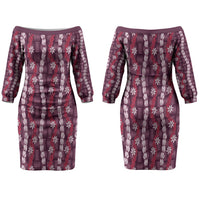 Pikake Maile Tiare Lei Family Matching Off The Shoulder Long Sleeve Dress and Hawaiian Shirt Akala Lauhala Pattern LT01 Mom's Dress Pink - Polynesian Pride
