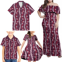 Pikake Maile Tiare Lei Family Matching Off Shoulder Maxi Dress and Hawaiian Shirt Akala Lauhala Pattern