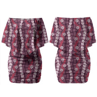Pikake Maile Tiare Lei Family Matching Off Shoulder Short Dress and Hawaiian Shirt Akala Lauhala Pattern LT01 Mom's Dress Pink - Polynesian Pride