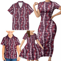 Pikake Maile Tiare Lei Family Matching Short Sleeve Bodycon Dress and Hawaiian Shirt Akala Lauhala Pattern LT01 - Polynesian Pride
