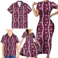 Pikake Maile Tiare Lei Family Matching Short Sleeve Bodycon Dress and Hawaiian Shirt Akala Lauhala Pattern