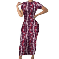 Pikake Maile Tiare Lei Short Sleeve Bodycon Dress Akala Lauhala Pattern LT01 Long Dress Pink - Polynesian Pride