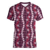 Pikake Maile Tiare Lei Women V-Neck T-Shirt Akala Lauhala Pattern