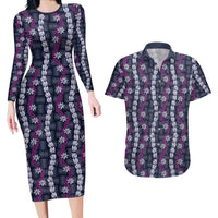 Pikake Maile Tiare Lei Couples Matching Long Sleeve Bodycon Dress and Hawaiian Shirt Poni Lauhala Pattern LT01 Purple - Polynesian Pride