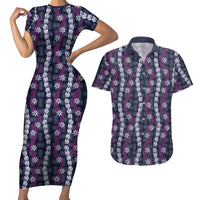 Pikake Maile Tiare Lei Couples Matching Short Sleeve Bodycon Dress and Hawaiian Shirt Poni Lauhala Pattern LT01 Purple - Polynesian Pride