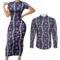 Pikake Maile Tiare Lei Couples Matching Short Sleeve Bodycon Dress and Long Sleeve Button Shirt Poni Lauhala Pattern LT01 Purple - Polynesian Pride