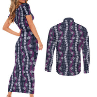 Pikake Maile Tiare Lei Couples Matching Short Sleeve Bodycon Dress and Long Sleeve Button Shirt Poni Lauhala Pattern LT01 - Polynesian Pride