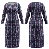Pikake Maile Tiare Lei Family Matching Long Sleeve Bodycon Dress and Hawaiian Shirt Poni Lauhala Pattern LT01 Mom's Dress Purple - Polynesian Pride