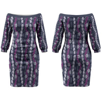 Pikake Maile Tiare Lei Family Matching Off The Shoulder Long Sleeve Dress and Hawaiian Shirt Poni Lauhala Pattern LT01 Mom's Dress Purple - Polynesian Pride