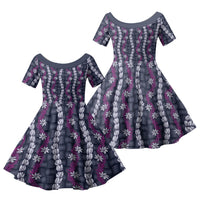 Pikake Maile Tiare Lei Family Matching Off The Shoulder Long Sleeve Dress and Hawaiian Shirt Poni Lauhala Pattern LT01 Daughter's Dress Purple - Polynesian Pride