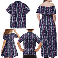 Pikake Maile Tiare Lei Family Matching Off Shoulder Maxi Dress and Hawaiian Shirt Poni Lauhala Pattern