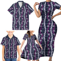 Pikake Maile Tiare Lei Family Matching Short Sleeve Bodycon Dress and Hawaiian Shirt Poni Lauhala Pattern