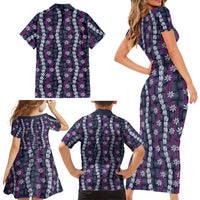 Pikake Maile Tiare Lei Family Matching Short Sleeve Bodycon Dress and Hawaiian Shirt Poni Lauhala Pattern LT01 Mom's Dress Purple - Polynesian Pride
