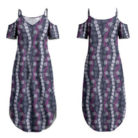 Pikake Maile Tiare Lei Family Matching Summer Maxi Dress and Hawaiian Shirt Poni Lauhala Pattern LT01 Mom's Dress Purple - Polynesian Pride