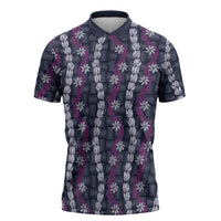 Pikake Maile Tiare Lei Zipper Polo Shirt Poni Lauhala Pattern LT01 Purple - Polynesian Pride