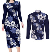 Hawaiian Hibiscus Tribal Floral Blue Couples Matching Long Sleeve Bodycon Dress and Long Sleeve Button Shirt Polynesian Tapa Pattern LT01 Blue - Polynesian Pride