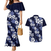 Hawaiian Hibiscus Tribal Floral Blue Couples Matching Mermaid Dress and Hawaiian Shirt Polynesian Tapa Pattern LT01 Blue - Polynesian Pride