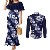 Hawaiian Hibiscus Tribal Floral Blue Couples Matching Mermaid Dress and Long Sleeve Button Shirt Polynesian Tapa Pattern LT01 Blue - Polynesian Pride