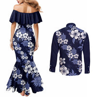 Hawaiian Hibiscus Tribal Floral Blue Couples Matching Mermaid Dress and Long Sleeve Button Shirt Polynesian Tapa Pattern LT01 - Polynesian Pride