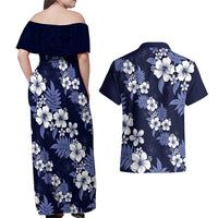 Hawaiian Hibiscus Tribal Floral Blue Couples Matching Off Shoulder Maxi Dress and Hawaiian Shirt Polynesian Tapa Pattern LT01 - Polynesian Pride