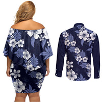 Hawaiian Hibiscus Tribal Floral Blue Couples Matching Off Shoulder Short Dress and Long Sleeve Button Shirt Polynesian Tapa Pattern LT01 - Polynesian Pride