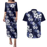 Hawaiian Hibiscus Tribal Floral Blue Couples Matching Puletasi and Hawaiian Shirt Polynesian Tapa Pattern LT01 Blue - Polynesian Pride