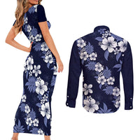 Hawaiian Hibiscus Tribal Floral Blue Couples Matching Short Sleeve Bodycon Dress and Long Sleeve Button Shirt Polynesian Tapa Pattern LT01 - Polynesian Pride