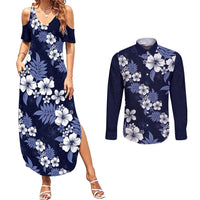 Hawaiian Hibiscus Tribal Floral Blue Couples Matching Summer Maxi Dress and Long Sleeve Button Shirt Polynesian Tapa Pattern LT01 Blue - Polynesian Pride
