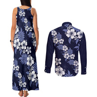 Hawaiian Hibiscus Tribal Floral Blue Couples Matching Tank Maxi Dress and Long Sleeve Button Shirt Polynesian Tapa Pattern LT01 - Polynesian Pride