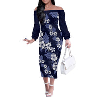 Hawaiian Hibiscus Tribal Floral Blue Family Matching Off The Shoulder Long Sleeve Dress and Hawaiian Shirt Polynesian Tapa Pattern LT01 Mom's Dress Blue - Polynesian Pride