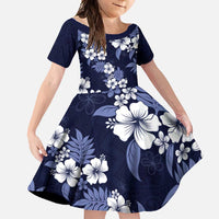 Hawaiian Hibiscus Tribal Floral Blue Family Matching Off Shoulder Maxi Dress and Hawaiian Shirt Polynesian Tapa Pattern LT01 Daughter's Dress Blue - Polynesian Pride