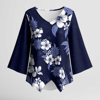 Hawaiian Hibiscus Tribal Floral Blue Kimono Sleeve Blouse Polynesian Tapa Pattern - Polynesian Pride