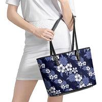 Hawaiian Hibiscus Tribal Floral Blue Leather Tote Bag Polynesian Tapa Pattern - Polynesian Pride