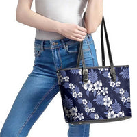 Hawaiian Hibiscus Tribal Floral Blue Leather Tote Bag Polynesian Tapa Pattern - Polynesian Pride