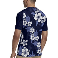 Hawaiian Hibiscus Tribal Floral Blue Rugby Jersey Polynesian Tapa Pattern LT01 - Polynesian Pride