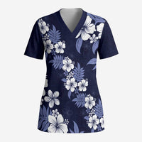 Hawaiian Hibiscus Tribal Floral Blue Scrub Top Polynesian Tapa Pattern - Polynesian Pride